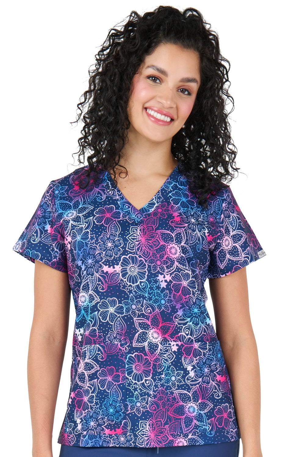 Zavate Audrey Scrub Top in Print Pattern Floral Blues at Parker's Clothing & Scrubs.