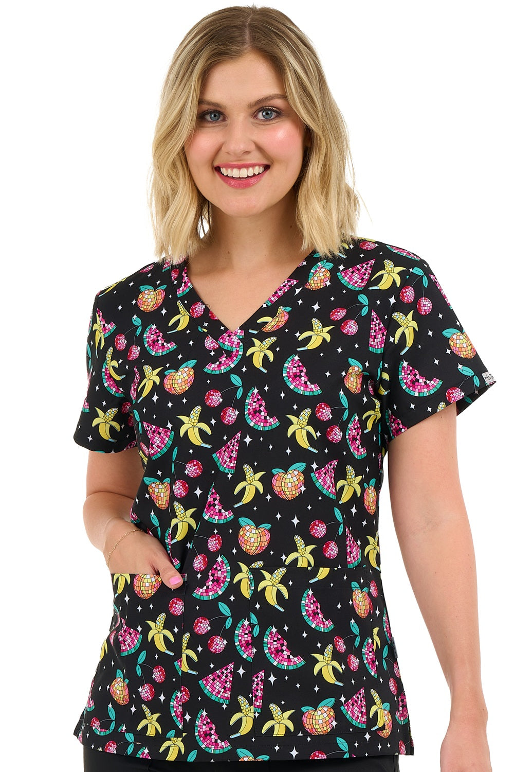 Zavate Audrey Scrub Top in Print Pattern Groovy Fruits at Parker's Clothing & Scrubs.