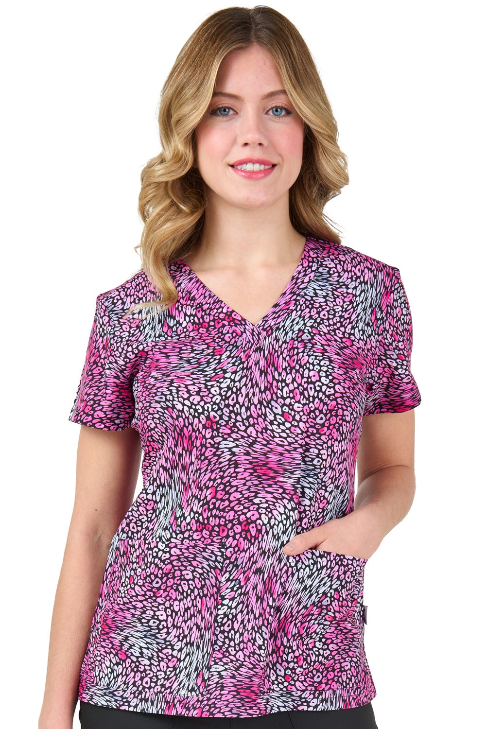 Zavate Audrey Scrub Top in Print Pattern Pink & Wild at Parker's Clothing & Scrubs.