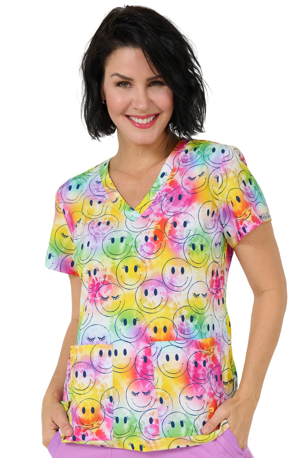 Zavate Audrey Scrub Top in Print Pattern Smile Vibes at Parker's Clothing & Scrubs.