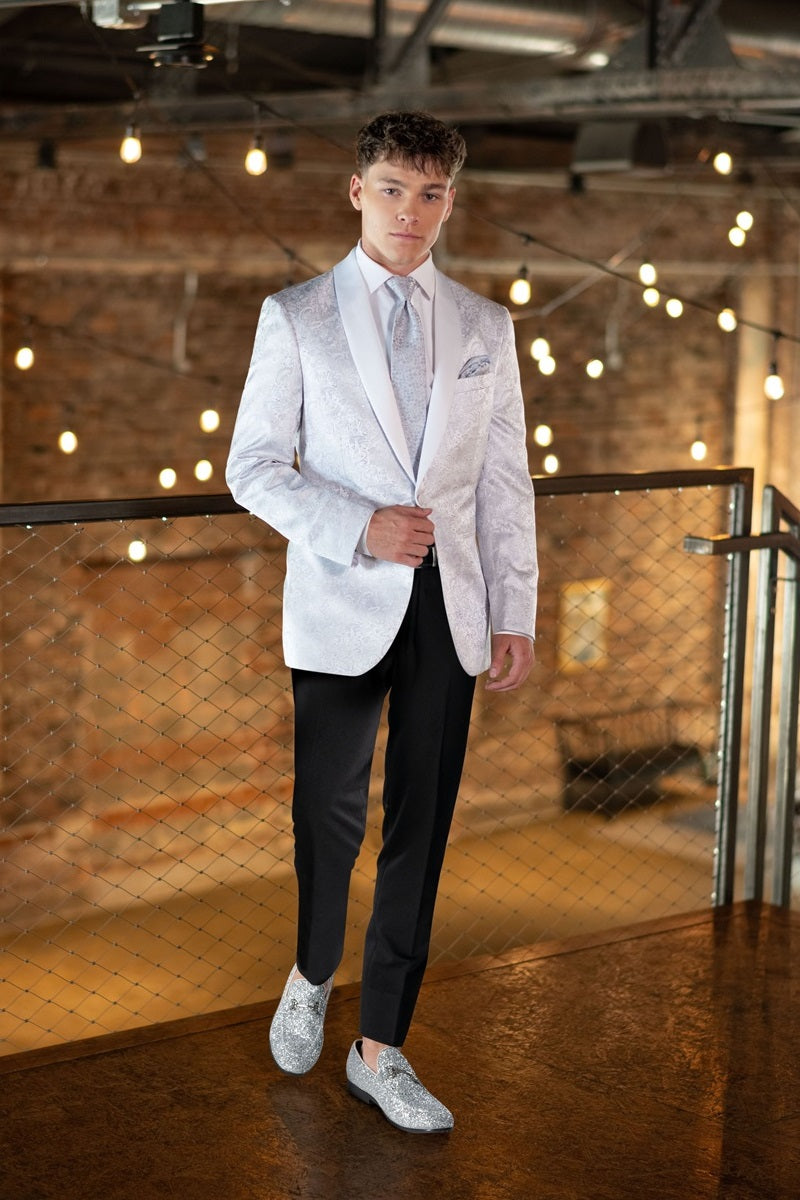 Jim's Formal Wear Tuxedos Diamond Collection Mark of Distinction Aires Slim White and Silver at Parker's Clothing and Shoes.