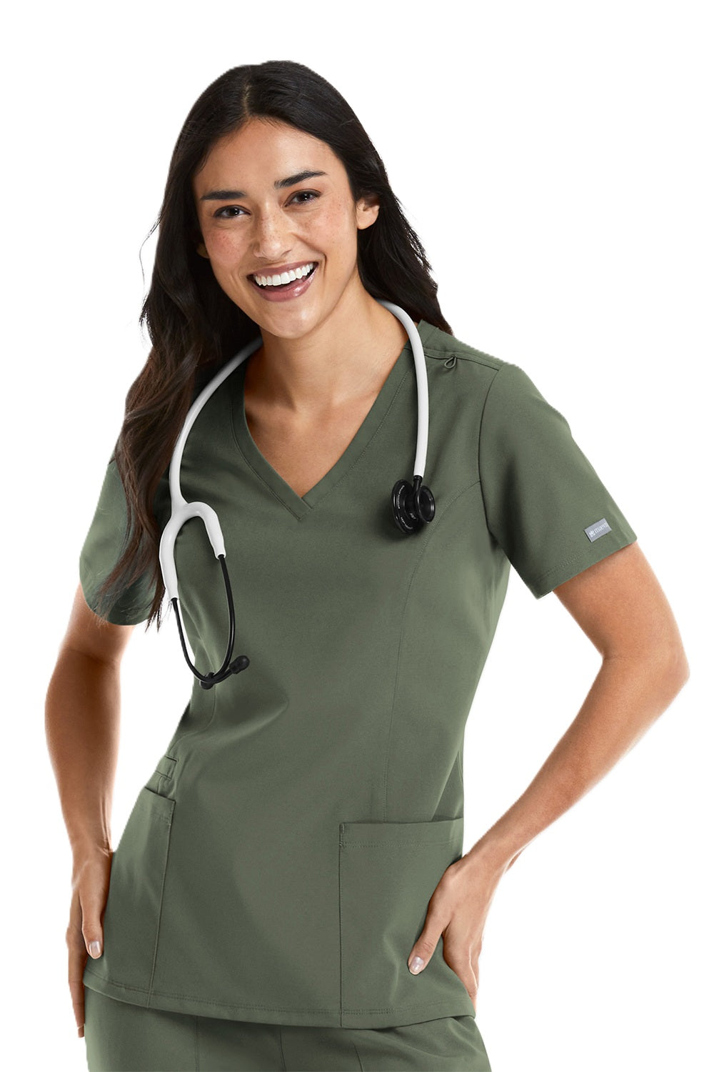 Maevn Momentum Double V-Neck Scrub Top in olive at Parker's Clothing & Scrubs.