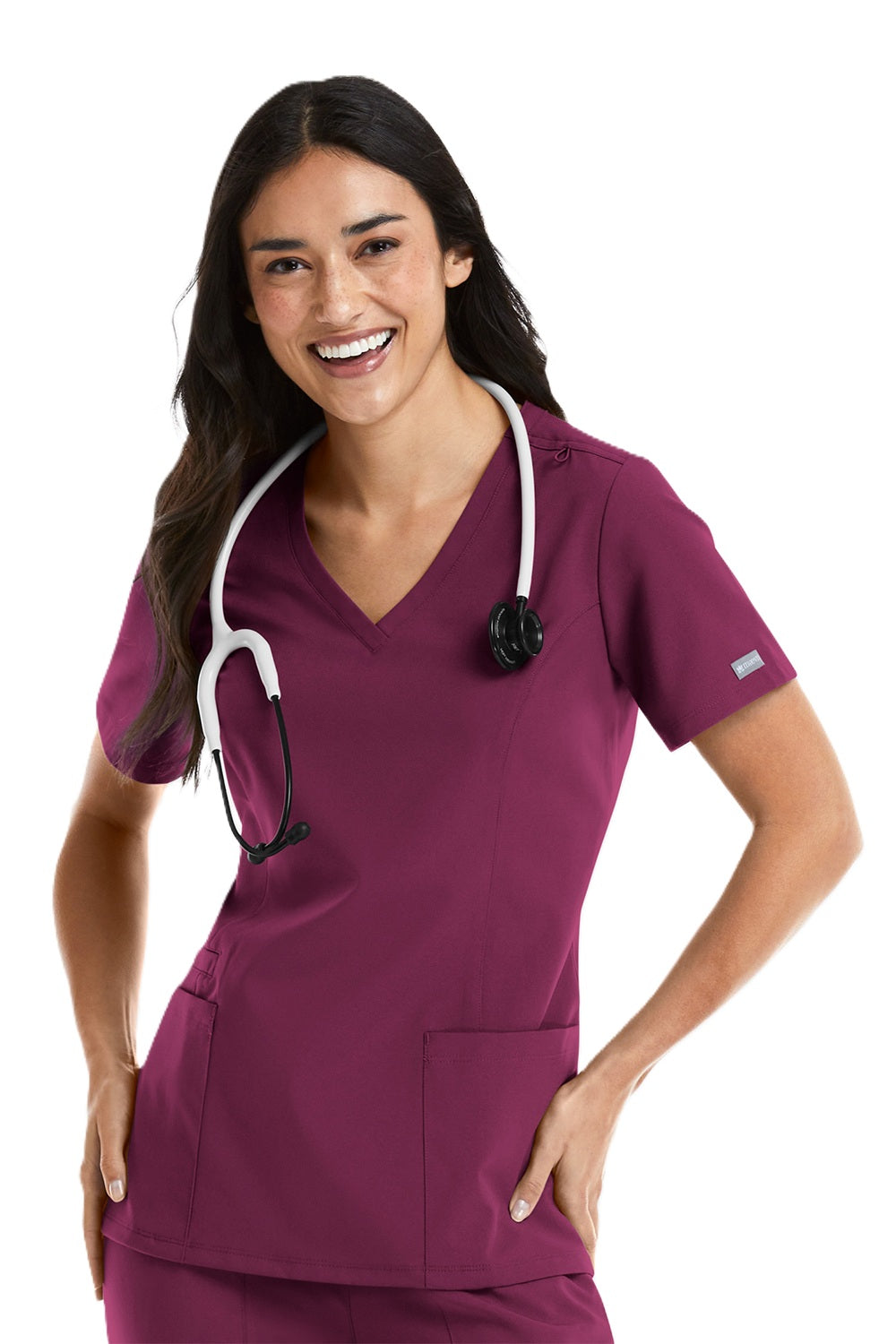 Maevn Momentum Double V-Neck Scrub Top in wine at Parker's Clothing & Scrubs.