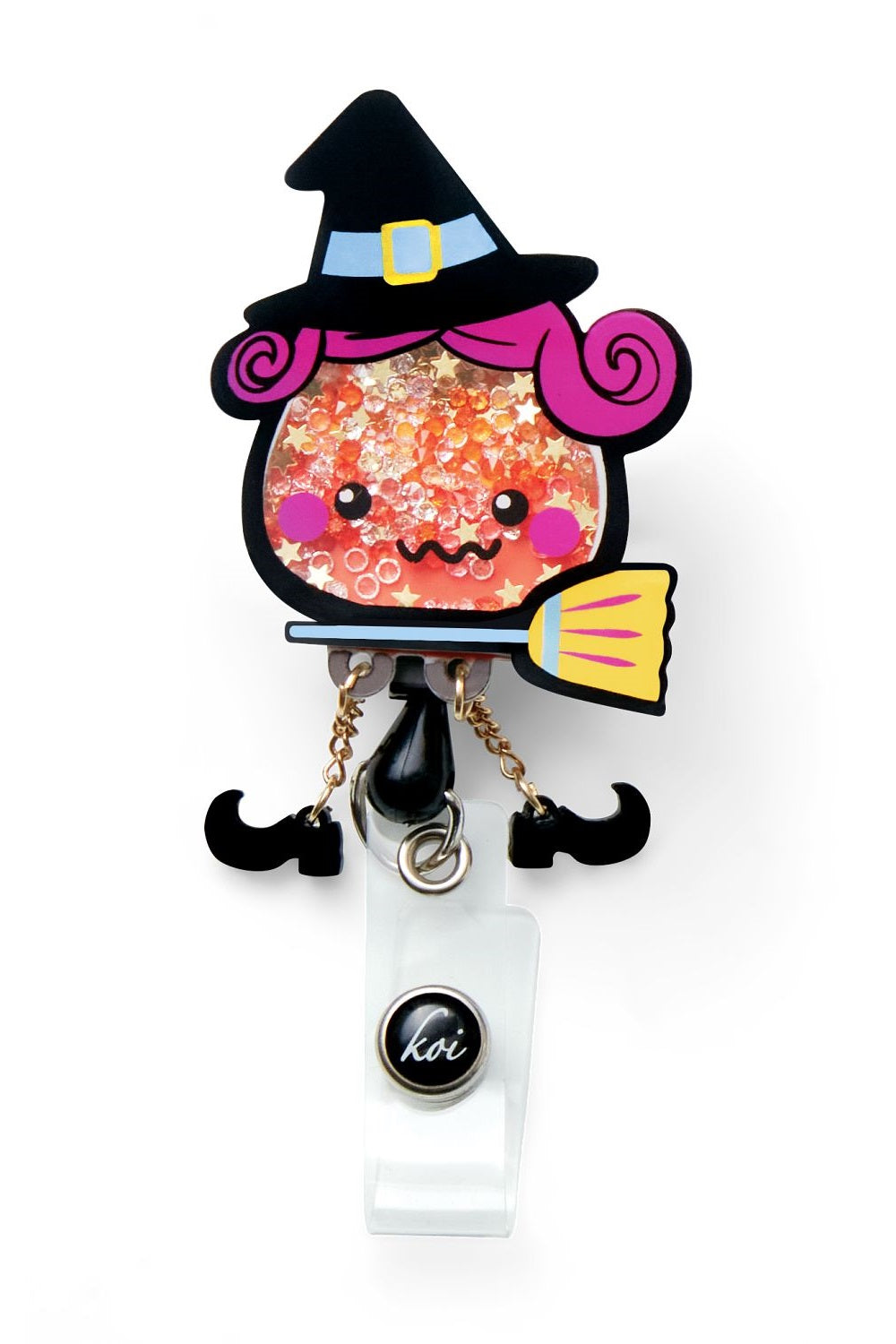 Koi Candy Corn Witch Badge Reel with retractable cord and snap badge holder at Parker's Clothing & Scrubs.