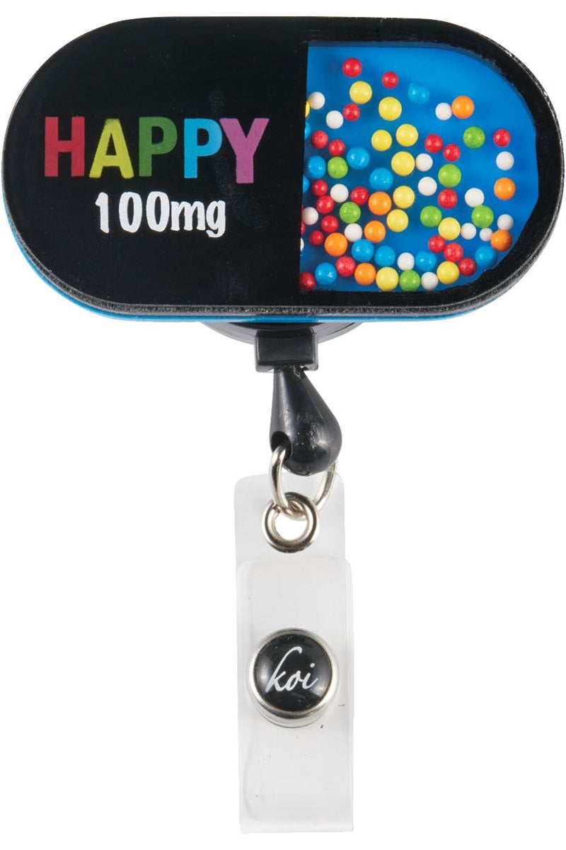 Koi Happy Pill Badge Reel with retractable cord and snap badge holder at Parker's Clothing & Scrubs.