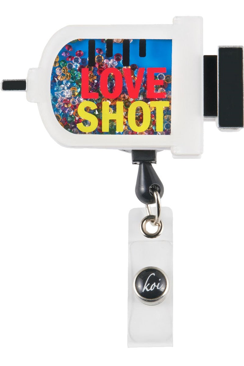 Koi Love Shot Badge Reel with retractable cord and snap badge holder at Parker's Clothing & Scrubs.