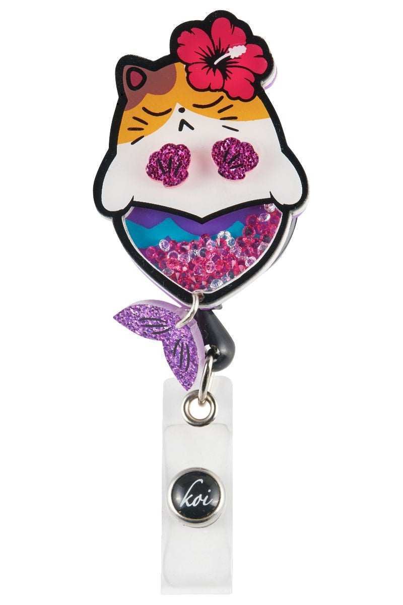 Koi Meowmaid Badge Reel with retractable cord and snap badge holder at Parker's Clothing & Scrubs.