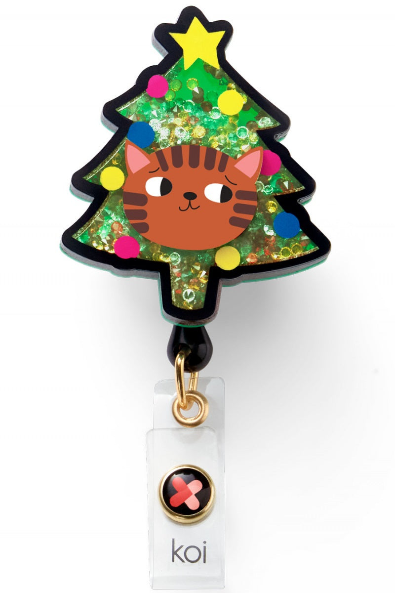 Koi Cat Tree Badge Reel with retractable cord and snap badge holder at Parker's Clothing & Scrubs.