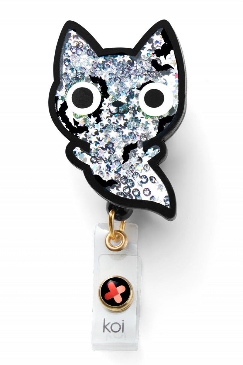 Koi Ghost Cat Badge Reel with retractable cord and snap badge holder at Parker's Clothing & Scrubs.