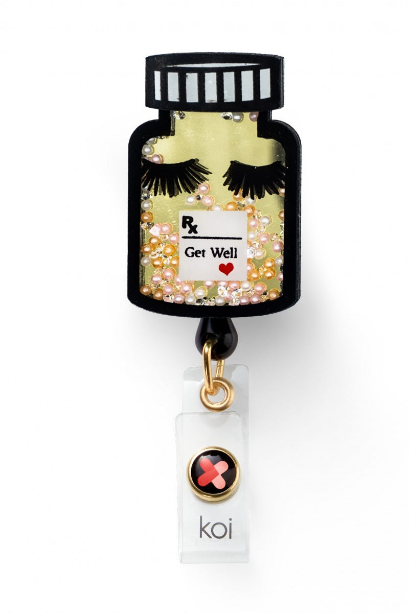 Koi Get Well Badge Reel with retractable cord and snap badge holder at Parker's Clothing & Scrubs.