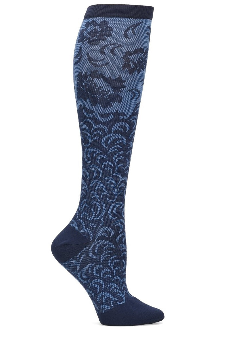Comfortiva Compression Socks in pattern Navy Damask with 12 - 14 mmHg graduated compression at Parker's Clothing & Scrubs.