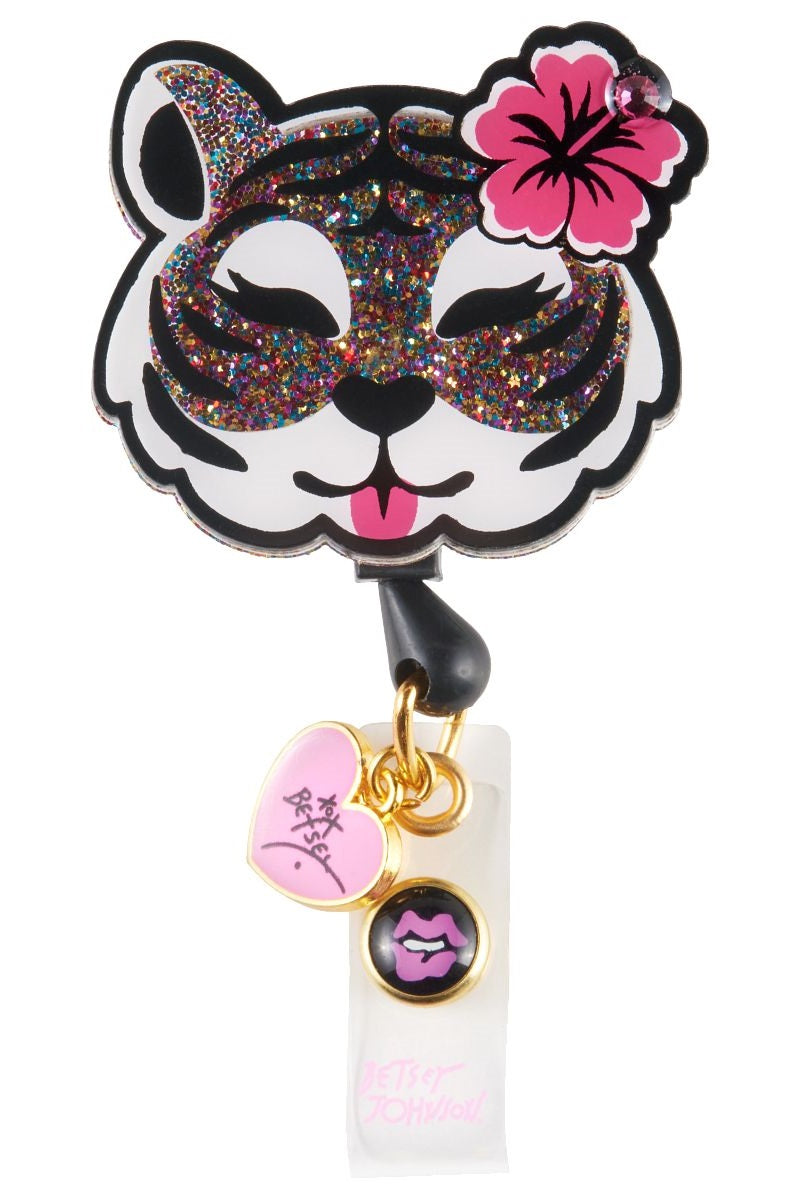 koi Betsey Johnson Betsey Tiger Badge Reel with retractable cord and snap badge holder at Parker's Clothing & Scrubs.