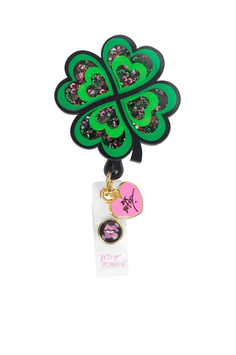 koi Betsey Johnson Clover Shaker Badge Reel with retractable cord and snap badge holder at Parker's Clothing and Shoes.