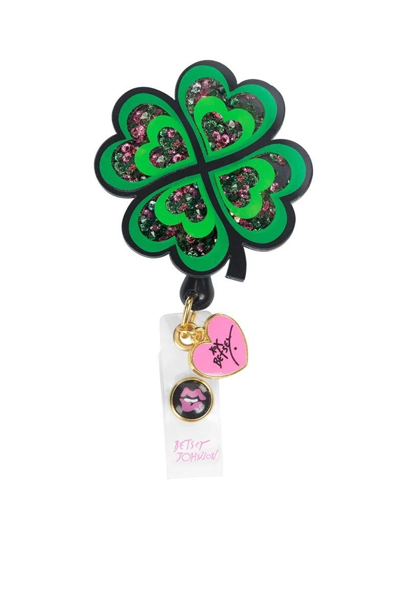 koi Betsey Johnson Clover Shaker Badge Reel with retractable cord and snap badge holder at Parker's Clothing & Scrubs.