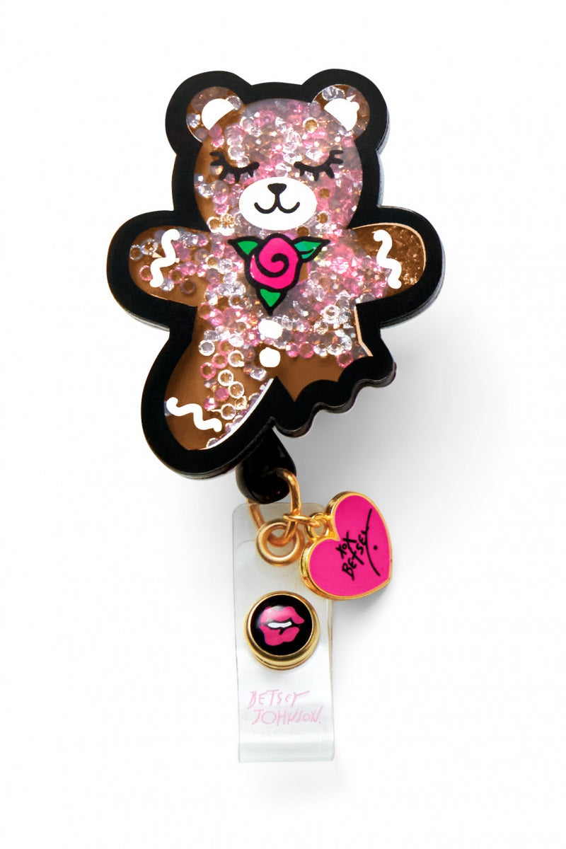 koi Betsey Johnson Gingerbread Bear Badge Reel with retractable cord and snap badge holder at Parker's Clothing & Scrubs.