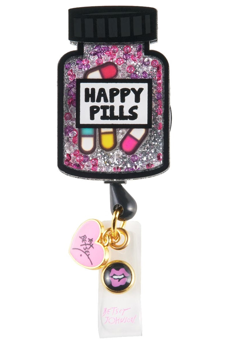 koi Betsey Johnson Happy Pills Badge Reel with retractable cord and snap badge holder at Parker's Clothing & Scrubs.