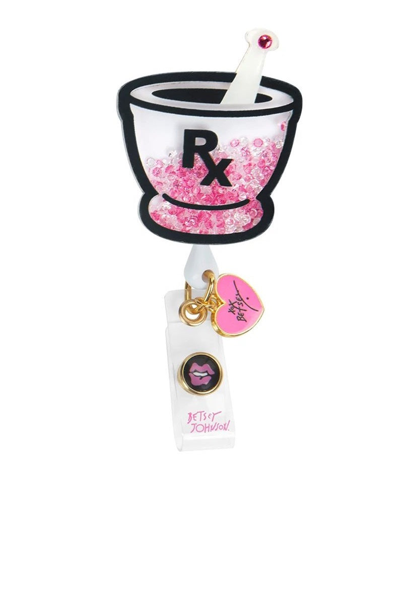 koi Betsey Johnson RX Shaker Badge Reel with retractable cord and snap badge holder at Parker's Clothing & Scrubs.