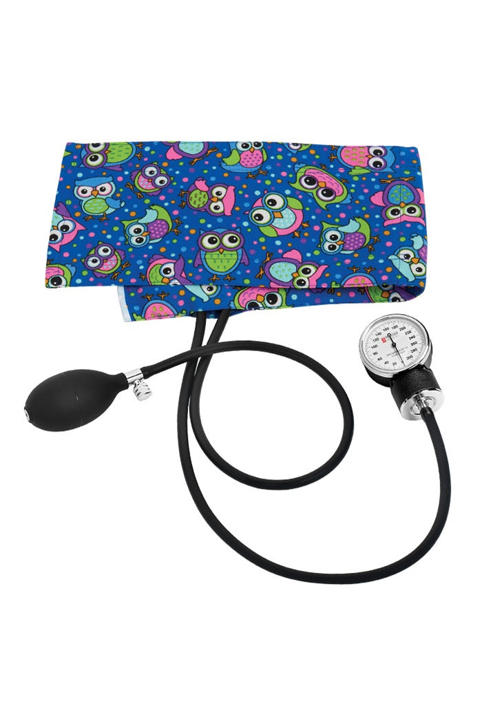 Prestige Premium Adult Aneroid Sphygmomanometer in pattern party owls royal at Parker's Clothing & Scrubs.