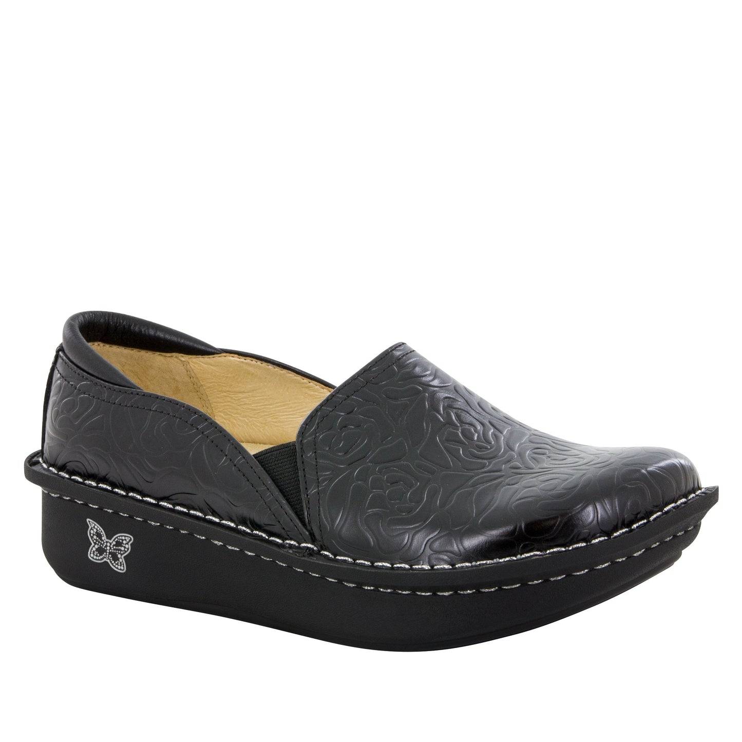 Alegria Debra Professional Black Embossed Rose Nursing Shoe available at Parker's Clothing & Scrubs.