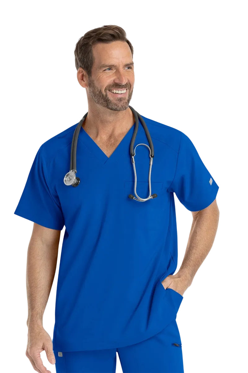 IRG EPIC 4851 men's scrub top in royal blue - tailored fit, chest pocket, side slash pockets.
