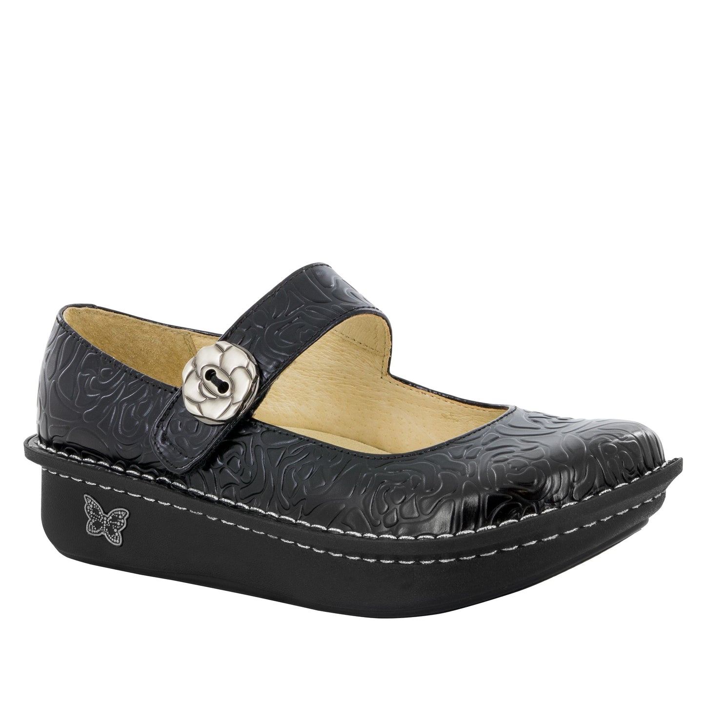Alegria Paloma Mary Jane ALG-PAL-531 Black shoe with floral pattern and silver buckle on a white background.