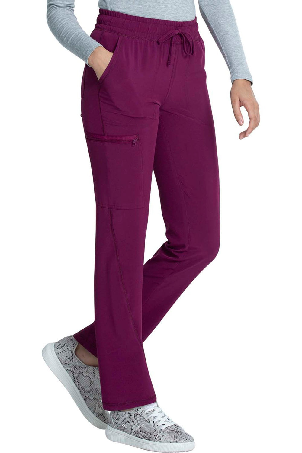 Cherokee Allura CKA184 tapered leg scrub pants in wine - mid-rise drawstring medical scrubs for healthcare professionals.