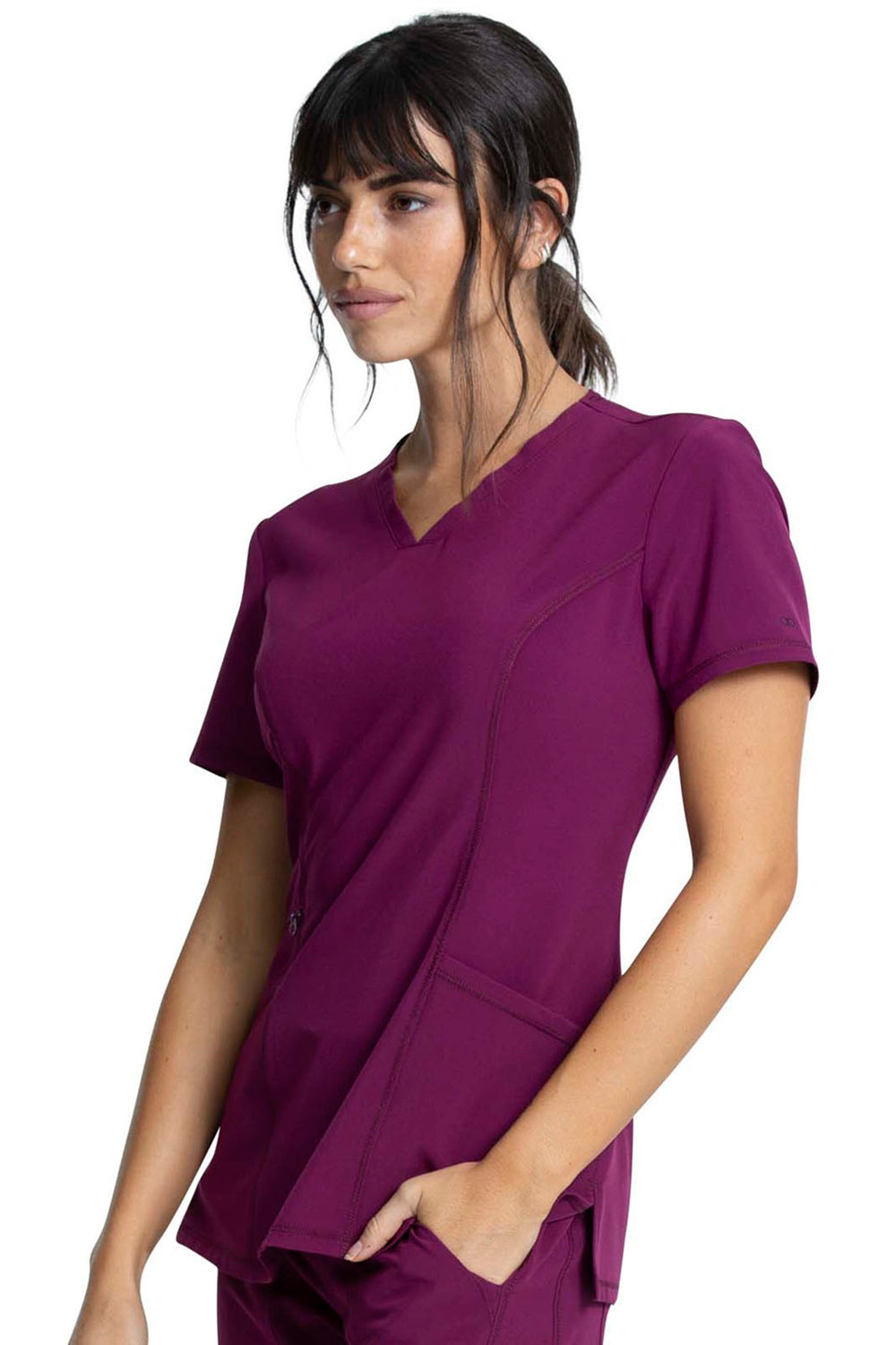 Cherokee Allura CKA684 V-Neck scrub top in Wine Red - 4-way stretch moisture-wicking medical scrubs for women healthcare professionals.