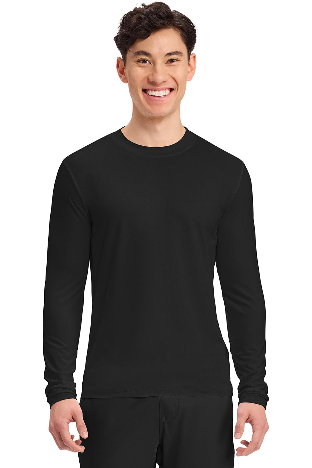 Cherokee CK807 men's long sleeve underscrub tee in black, moisture-wicking crew neck knit, front view.