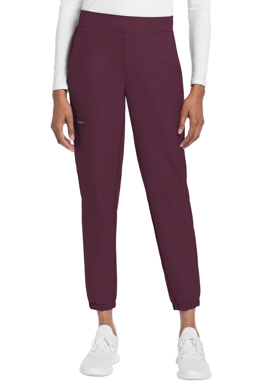Cherokee Ultra CK273A jogger scrub pants in Wine — pull-on drawstring waist, tapered leg, 5 pockets, 100% Polyester Twill, sizes XXS–2XL Regular & Petite
