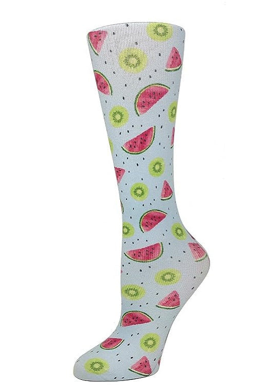 Women's knee-high wide calf compression socks in Watermelon Kiwi print - Cutieful 10-18 mmHg moderate graduated compression for nurses and healthcare workers.