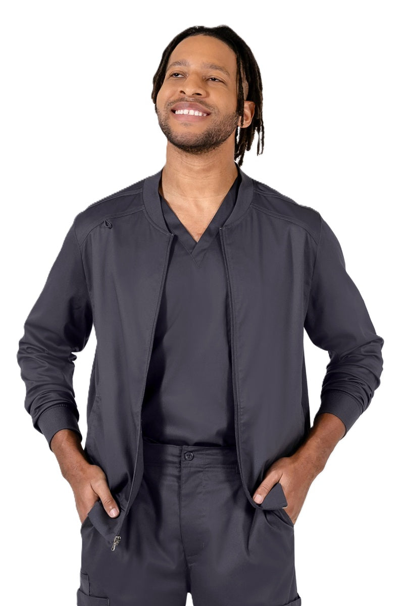 Men's pewter grey scrub jacket with zip front and ribbed cuffs - IRG Edge 2861 medical workwear for healthcare professionals.