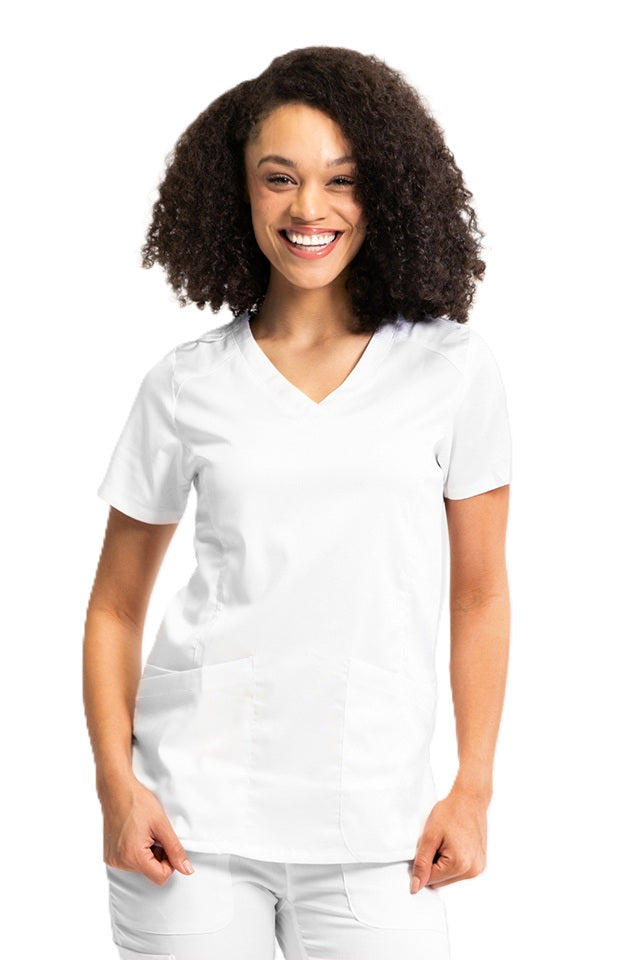 IRG Edge 2801 women's v-neck scrub top in white with durable fabric and curved neckline for healthcare professionals.