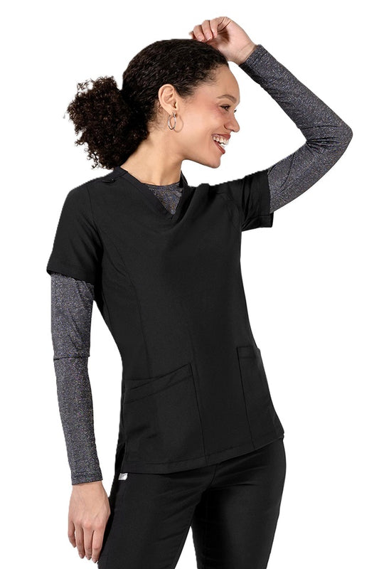 Women's IRG EPIC 4801 V-neck scrub top in black with moisture-wicking fabric for medical professionals.