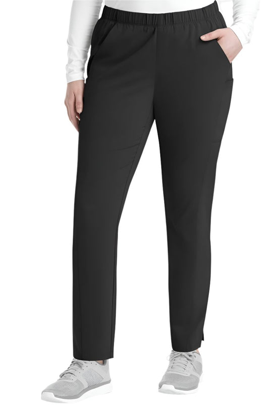 Women's IRG EPIC 9811 tapered leg scrub pants in black with 360° stretch fabric, functional pockets, and modern athletic fit for nurses and healthcare professionals