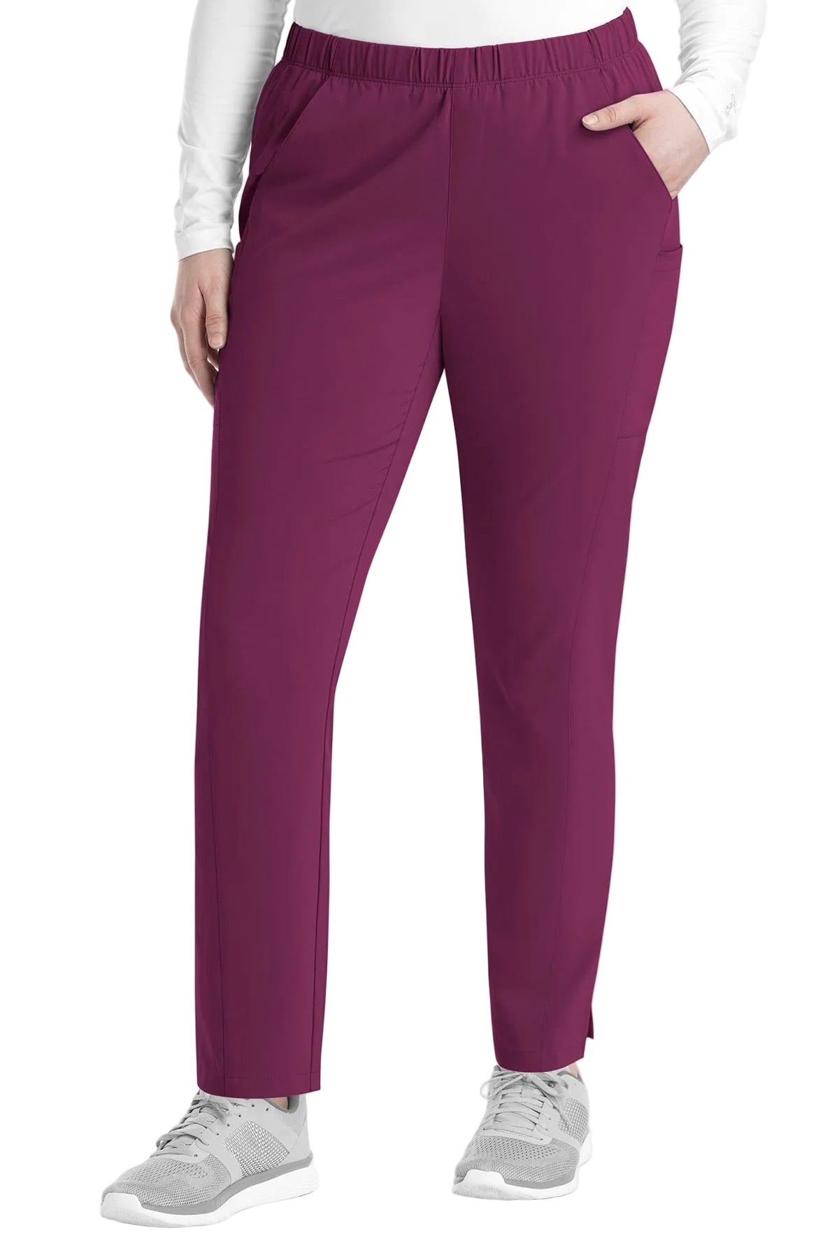 Women's IRG EPIC 9811 tapered leg scrub pants in wine with 360° stretch fabric, functional pockets, and modern athletic fit for nurses and healthcare professionals