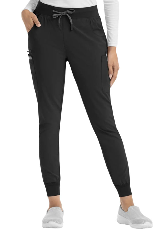 Women's black jogger scrub pants IRG EPIC 9812 with ribbed ankle cuffs and stretch fabric.