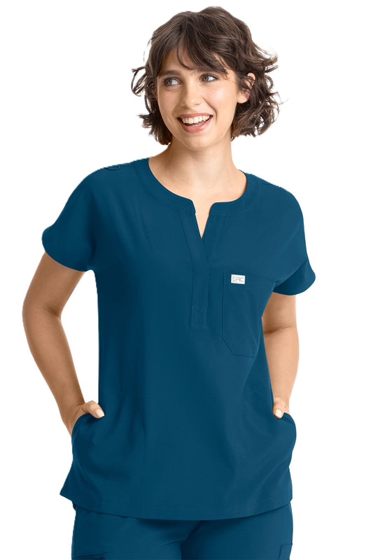 IRG EPIC 4804 caribbean blue dolman scrub top with mandarin collar and 3 pockets - women's medical uniform.