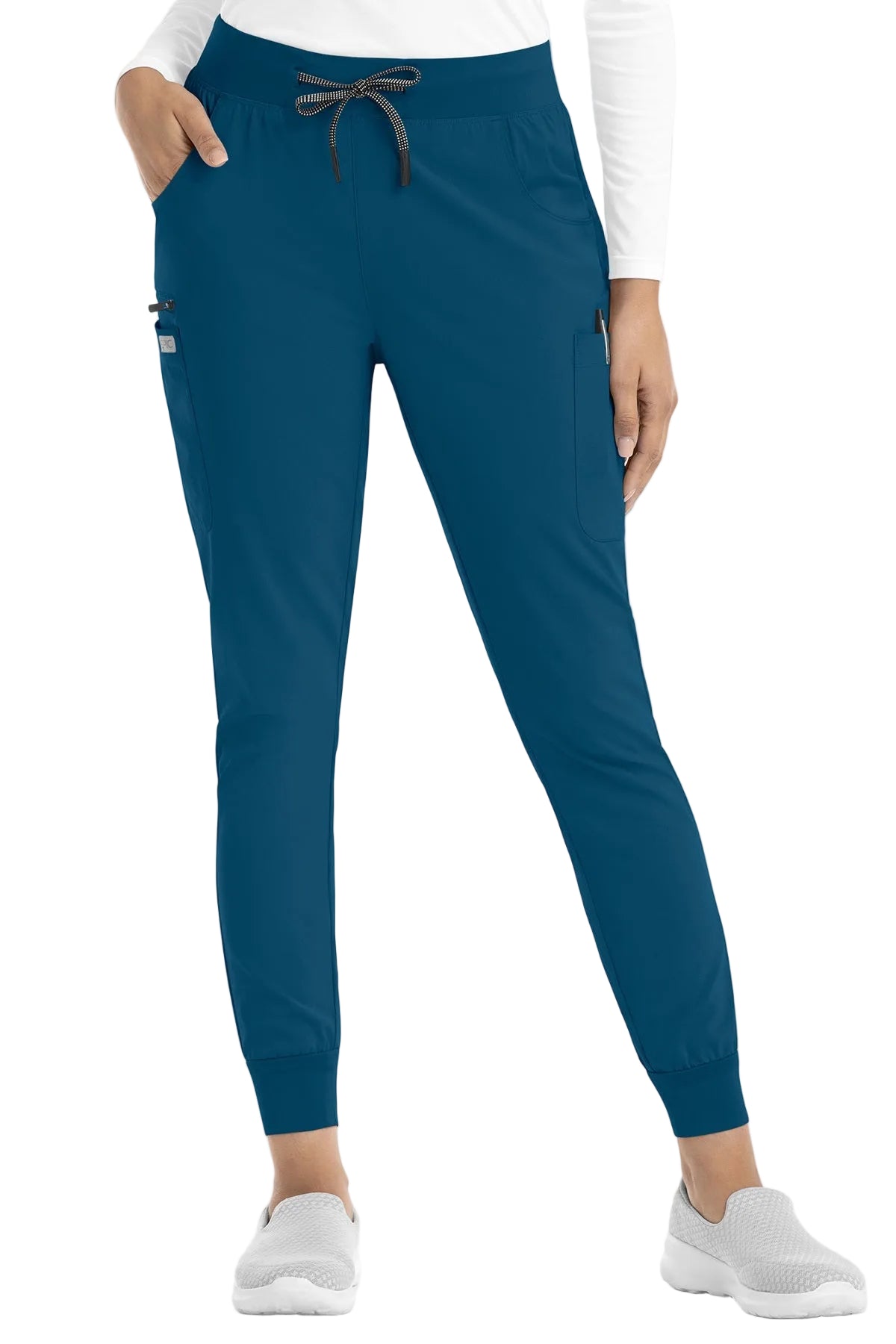 Women's caribbean blue jogger scrub pants IRG EPIC 9812 with ribbed ankle cuffs and stretch fabric.