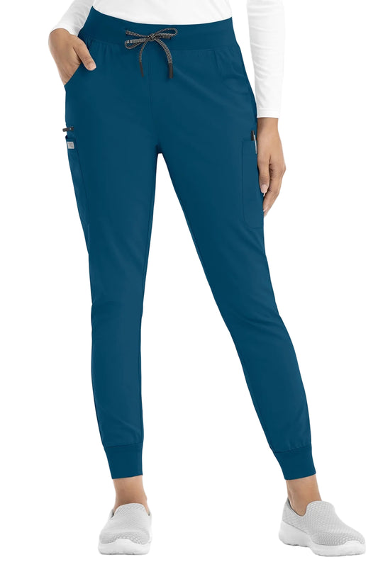 Women's caribbean blue jogger scrub pants IRG EPIC 9812 with ribbed ankle cuffs and stretch fabric.