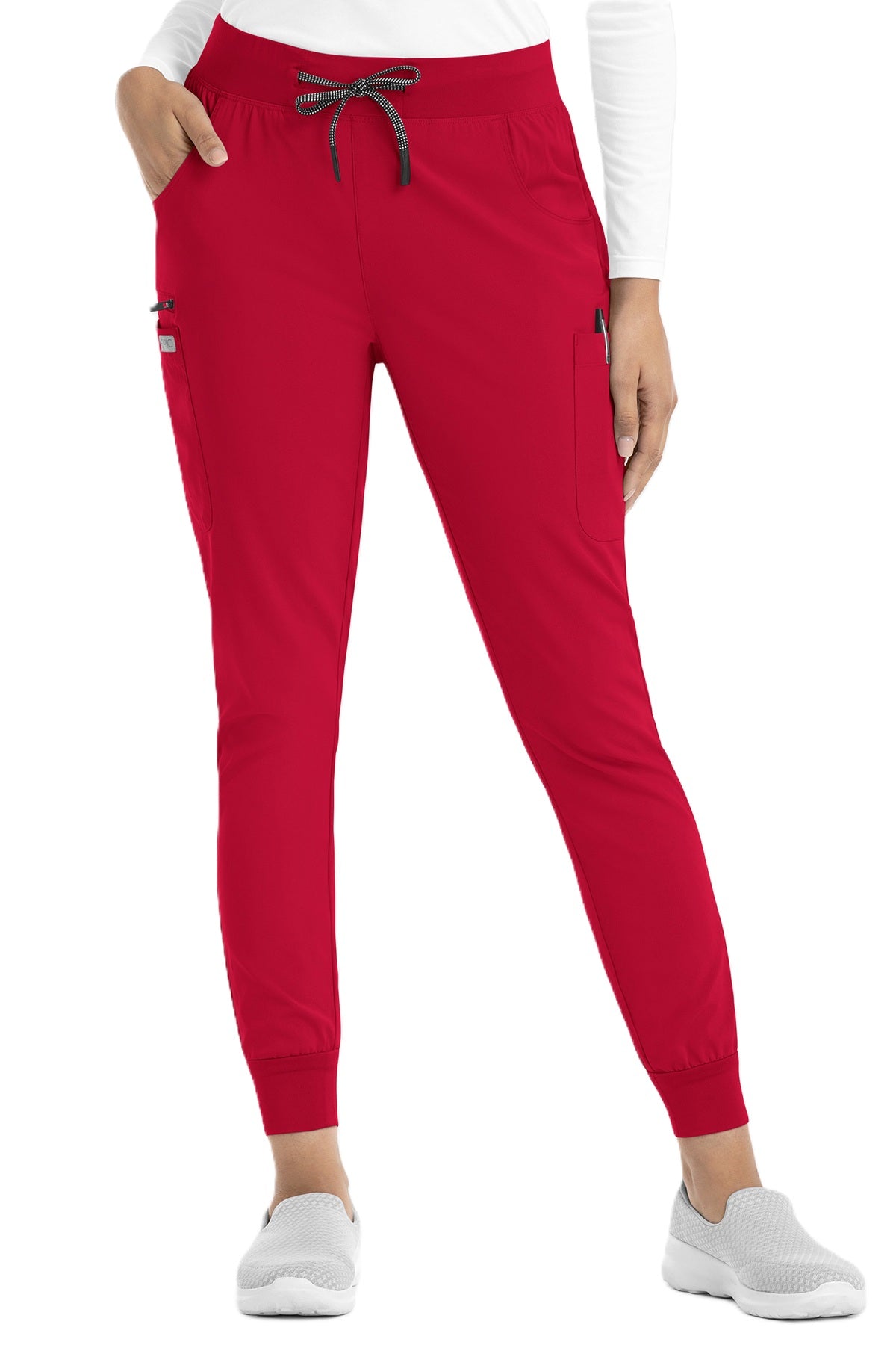 Women's red jogger scrub pants IRG EPIC 9812 with ribbed ankle cuffs and stretch fabric.
