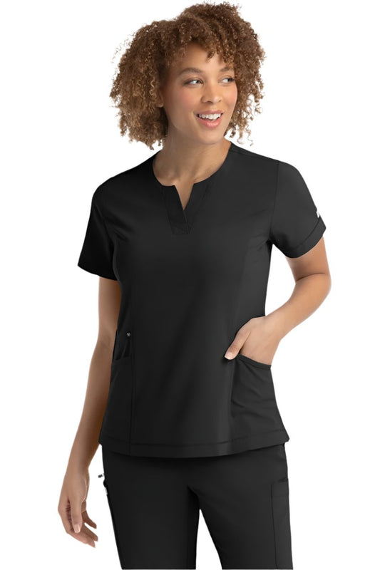 Black notched crew neck scrub top with side vents and secure zipper pocket - IRG EPIC 4802 healthcare apparel.