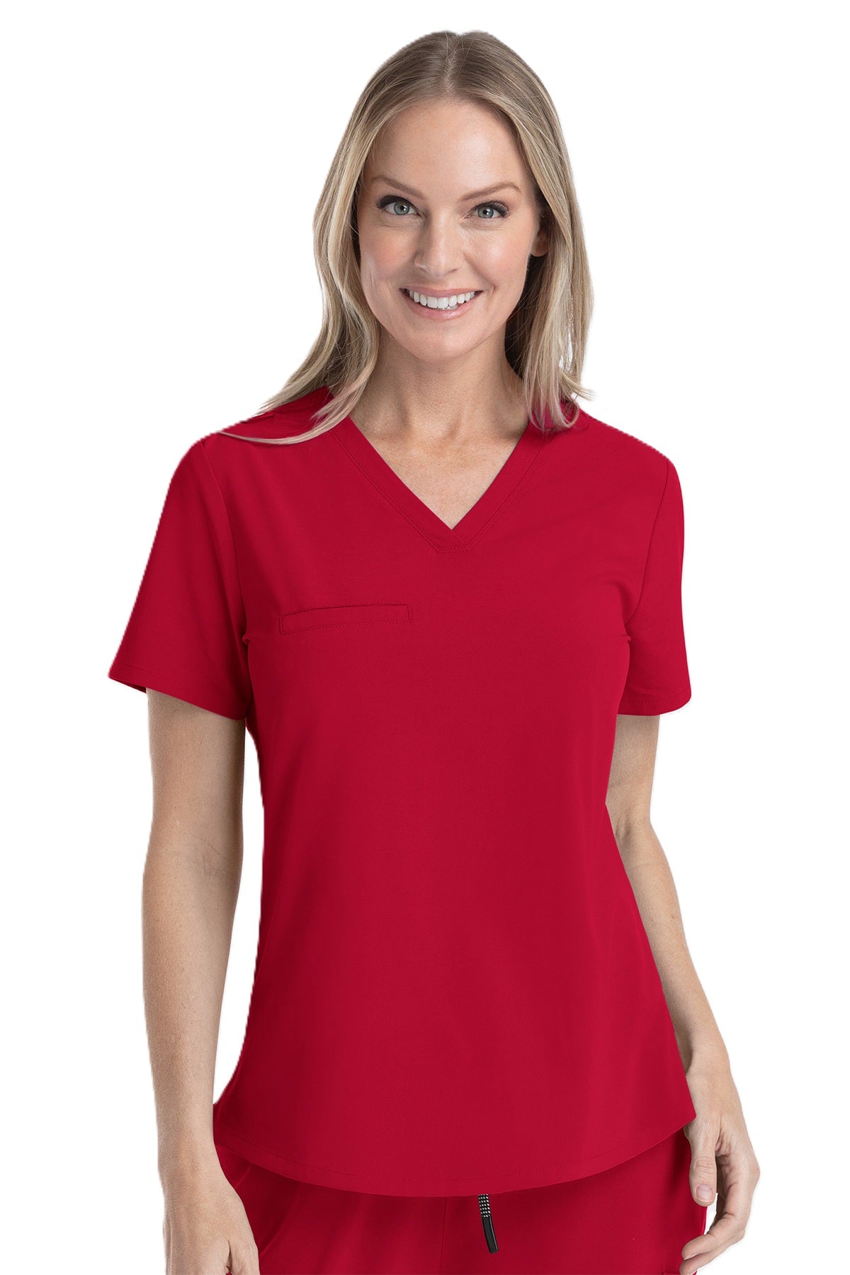 Red V-neck medical scrub top IRG EPIC 4803 with professional curved hemline and all-day comfort for healthcare professionals.