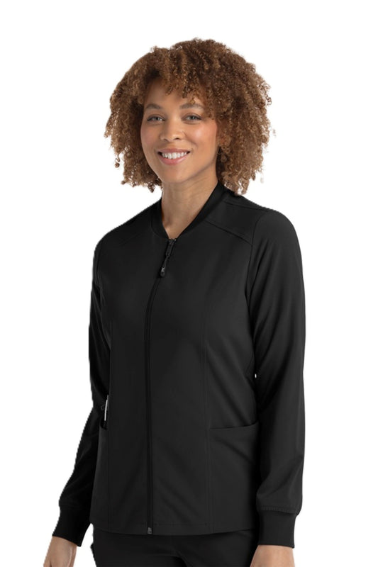 IRG EPIC 4812 women's scrub jacket in black with zipper front, princess seams, and side pockets.