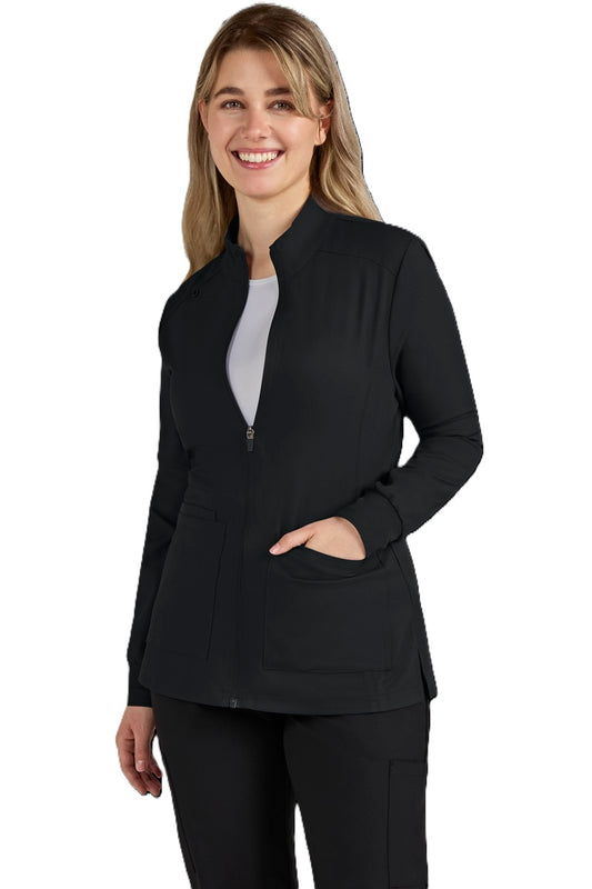 koi Cureology Geneses C400 women's scrub jacket in black - contemporary fit stretch twill with zipper front and ribbed cuffs.