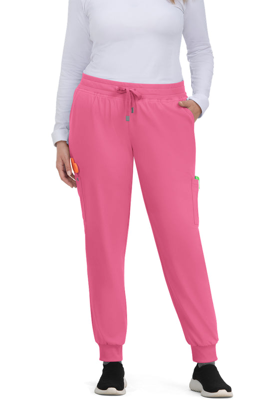 Koi Cureology C700 women's jogger scrub pants in Carnation Pink with 6 pockets, drawstring waist, and ribbed ankle cuffs - premium medical scrubs for nurses.