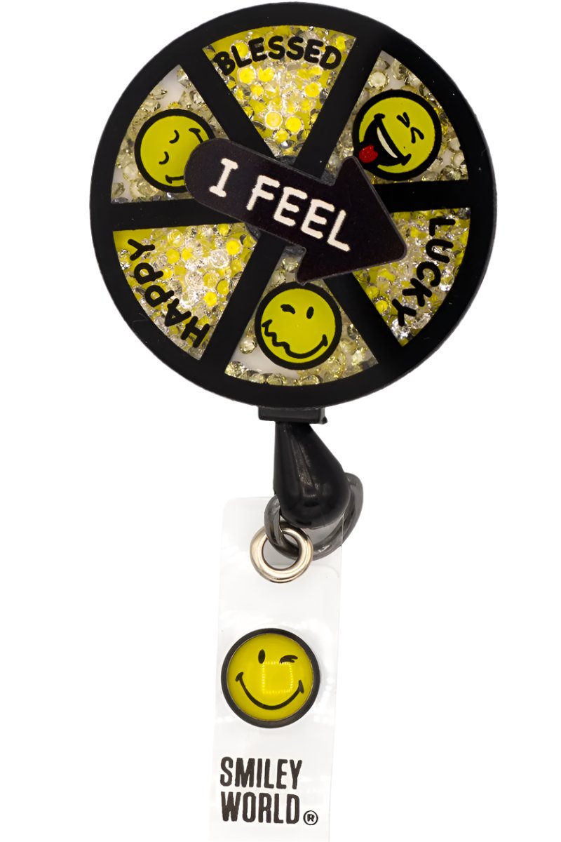 koi Smiley World Shaker Badge Reel in Today I Feel design with retractable cord and clip for healthcare professionals.