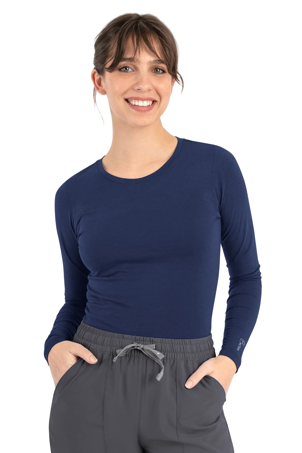Maevn Bestee 6909 women's long sleeve underscrub tee in navy blue - crew neck, 4-way stretch, moisture-wicking layering tee for healthcare professionals.