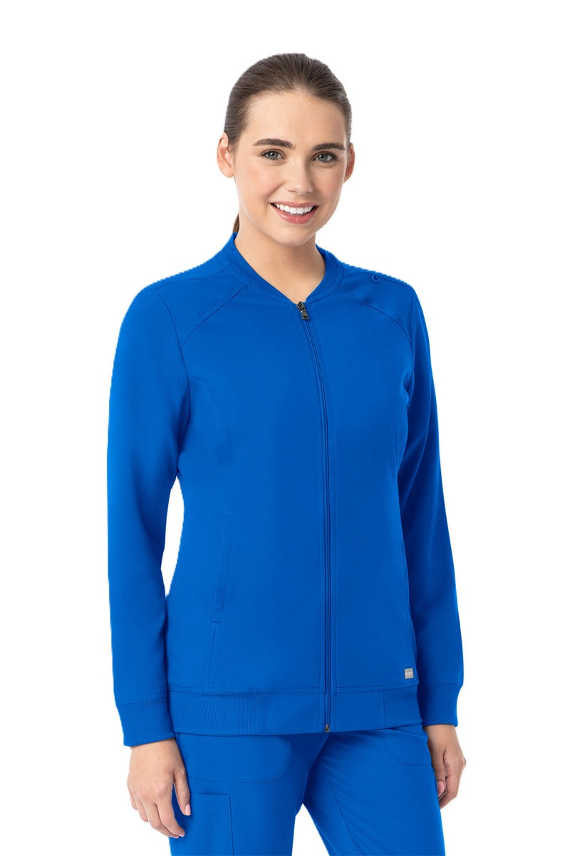 Maevn Momentum 5061 royal blue bomber scrub jacket featuring moisture-wicking fabric and professional styling for medical uniforms.