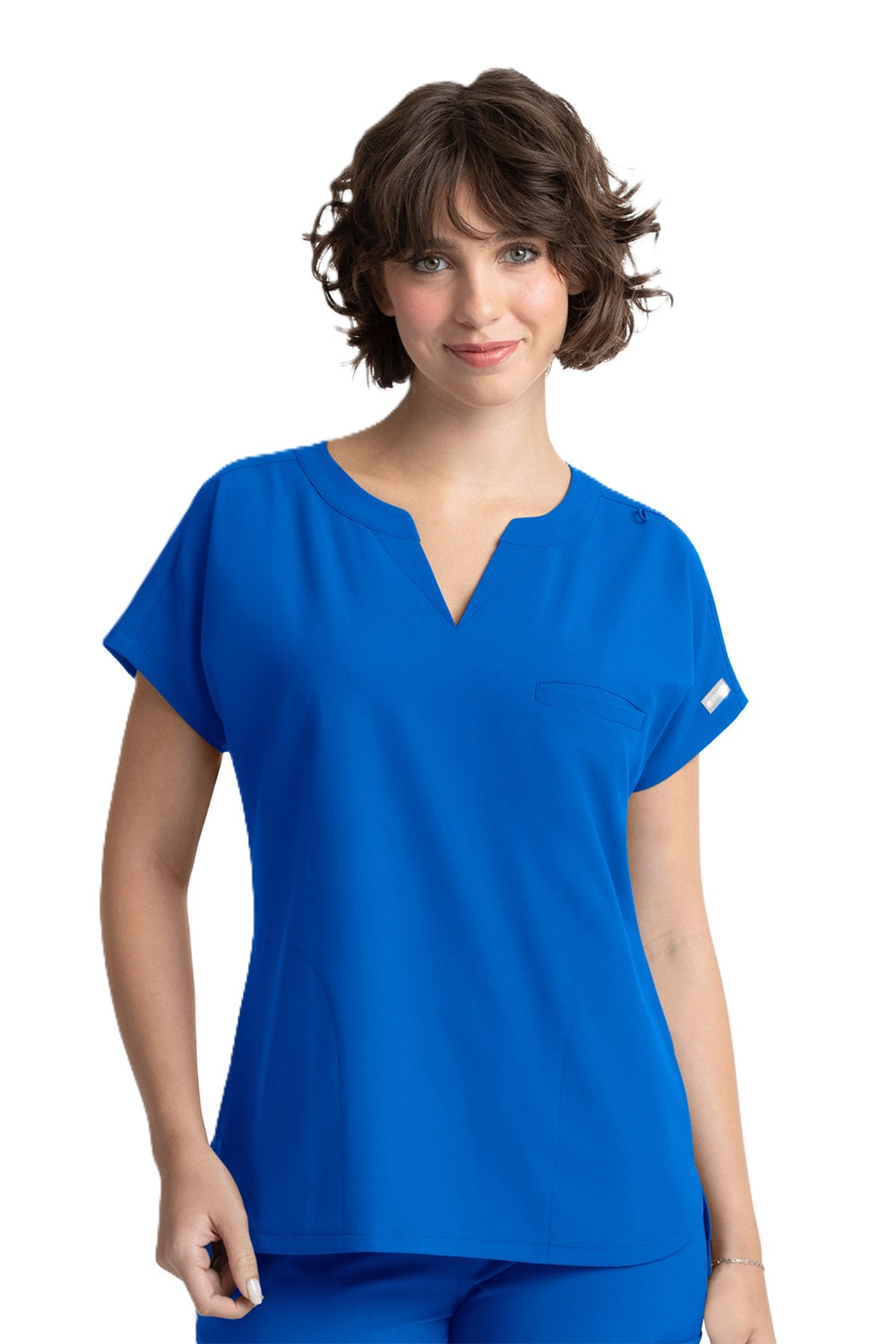 Maevn Momentum 5003 dolman scrub top in royal blue with 3 pockets, notched neckline, and relaxed fit for healthcare professionals.