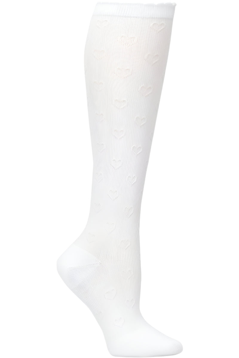 Nurse Mates 12-14 mmHg graduated compression socks with scalloped heart pattern in white, regular calf fit up to 17 inches, designed for nurses and healthcare professionals.